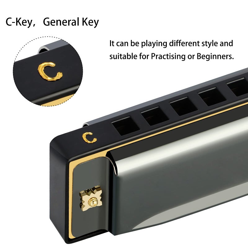 EastRock Blues Harmonica Mouth Organ 10 Hole C Key with Case, Diatonic Harmonica for Professional Player, Beginner, Students gifts, Adult, Friends, Gift Black - Image 3
