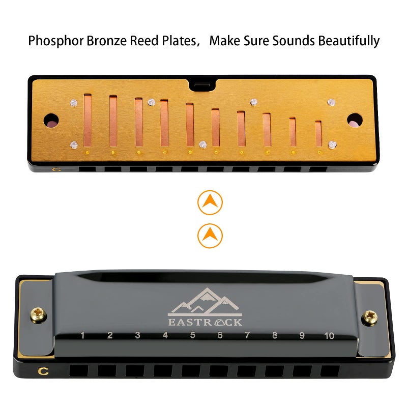 EastRock Blues Harmonica Mouth Organ 10 Hole C Key with Case, Diatonic Harmonica for Professional Player, Beginner, Students gifts, Adult, Friends, Gift Black - Image 2