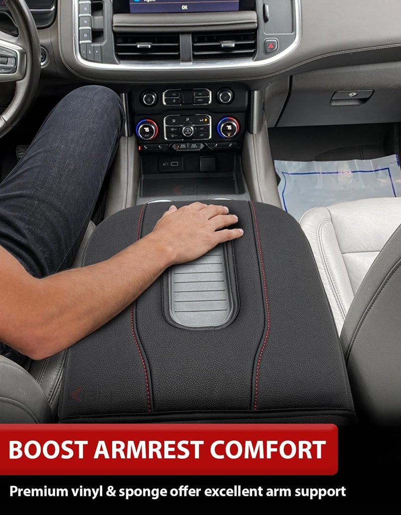KBH Center Console Armrest Cover for GMC Sierra & Chevy Silverado 2019-2025, Tahoe & Suburban & Yukon 2021-2025, Bucket Seat Console Accessories, Black-Red Stitches - Image 4