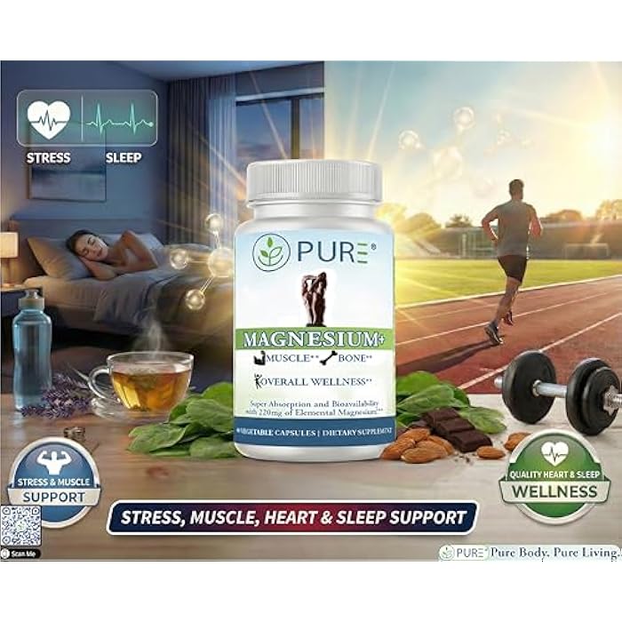 PURE® Magnesium+ High Absorption Supplement - 220mg Elemental Magnesium Bisglycinate Complex - 60 Capsules, 30 Servings - Vitamin B6 & BioPerine® for Maximum Uptake - Muscle, Sleep & Nerve Support - Image 2