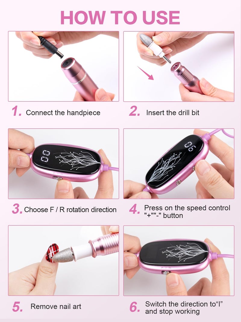 Subay Professional Manicure Pedicure Kit, Electric Nail Drill Set with LED Display, 25000RPM, 11-Piece Attachments Plus 20 Sanding Bands, Nail Grinder Tool for Women Men Baby Pets, with Dust Brush - Image 5