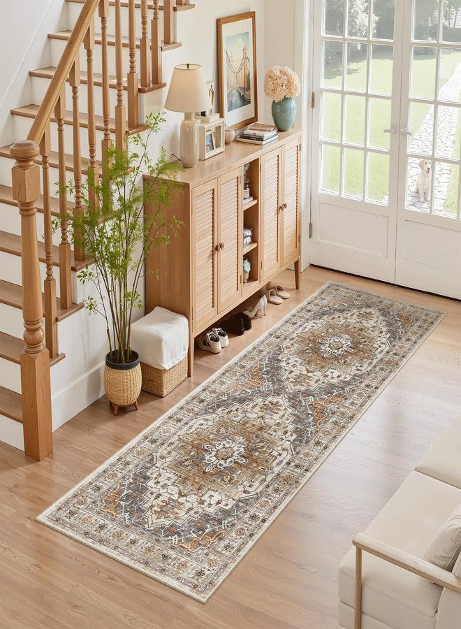 Madane سجادة مادان قابلة للغسل 2x3، سجادة مدخل صغيرة مانعة للانزلاق، سجادة باب عتيقة، سجادة أرضية منخفضة الوبر للباب الأمامي الداخلي، غرفة النوم، المطبخ، المدخل، غرفة الغسيل (2'x3'، كركم/رمادي) - Image 3