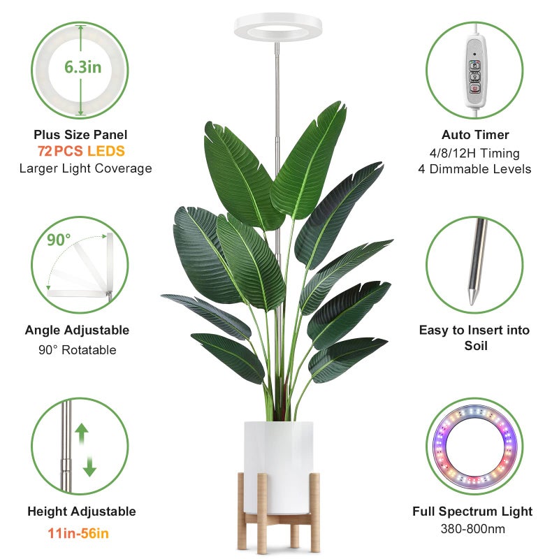 LBW Plant Grow Light, 72 LEDs Full Spectrum Grow Lights for Indoor Plants,Large Grow Lamp with 4/8/12H Auto Timer & 4 Dimmable Brightness, Height Adjustable, Ideal for Tall Plants,White - Image 4