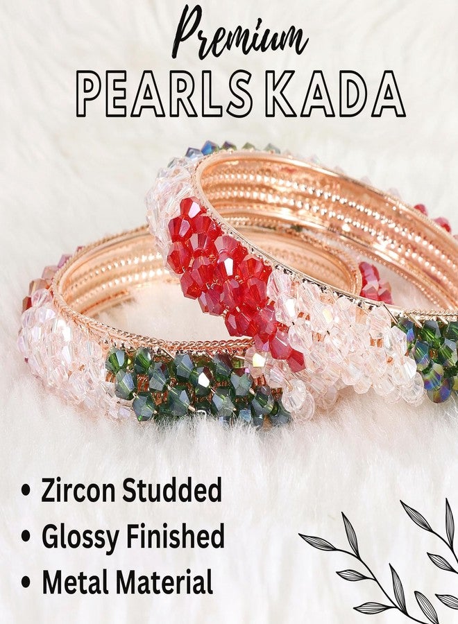 NMII Alloy Metal Stylish Fancy Pearls Bangles Bracelet Set For Women & Girls | Fancy Women's Bangles | Kada Bangles | Pearls Bangles | Bangles Set of 2 | Party use bangles-(MAH44-RG-Multi-2.2) - Image 5