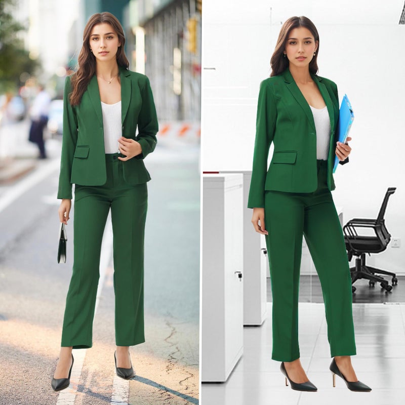 TRONSTORE Women's Business Solid Suit 2 Piece Slim Fit Classic Blazer Pants Set for Women Formal Office Dark Green M - Image 5