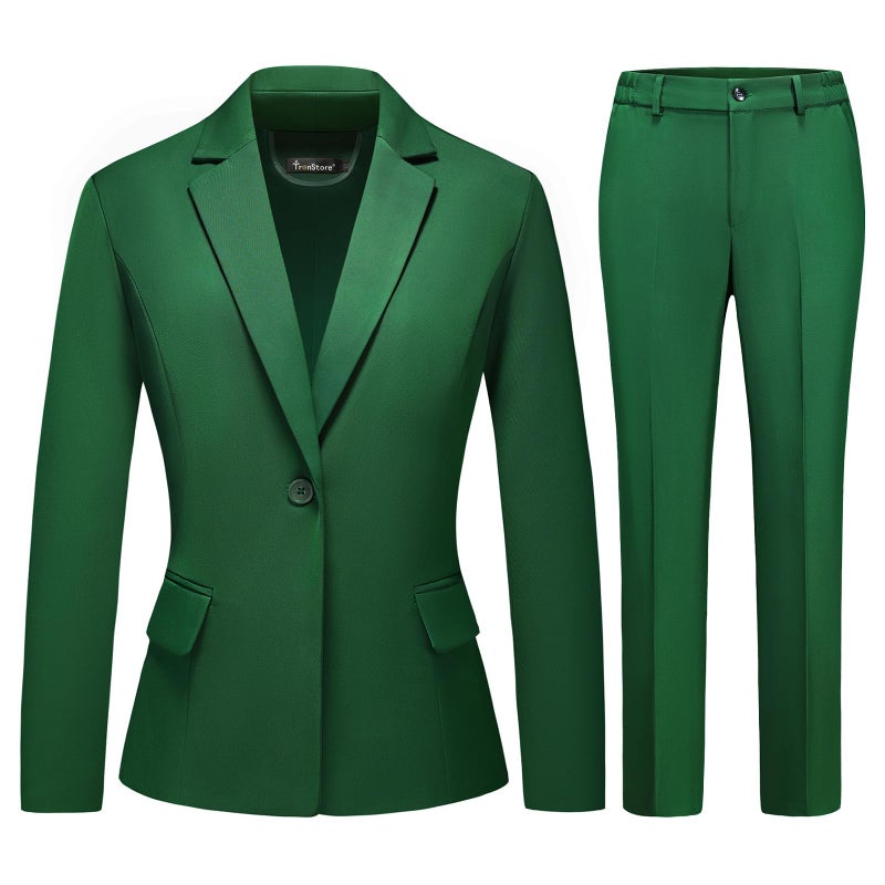 TRONSTORE Women's Business Solid Suit 2 Piece Slim Fit Classic Blazer Pants Set for Women Formal Office Dark Green M - Image 1