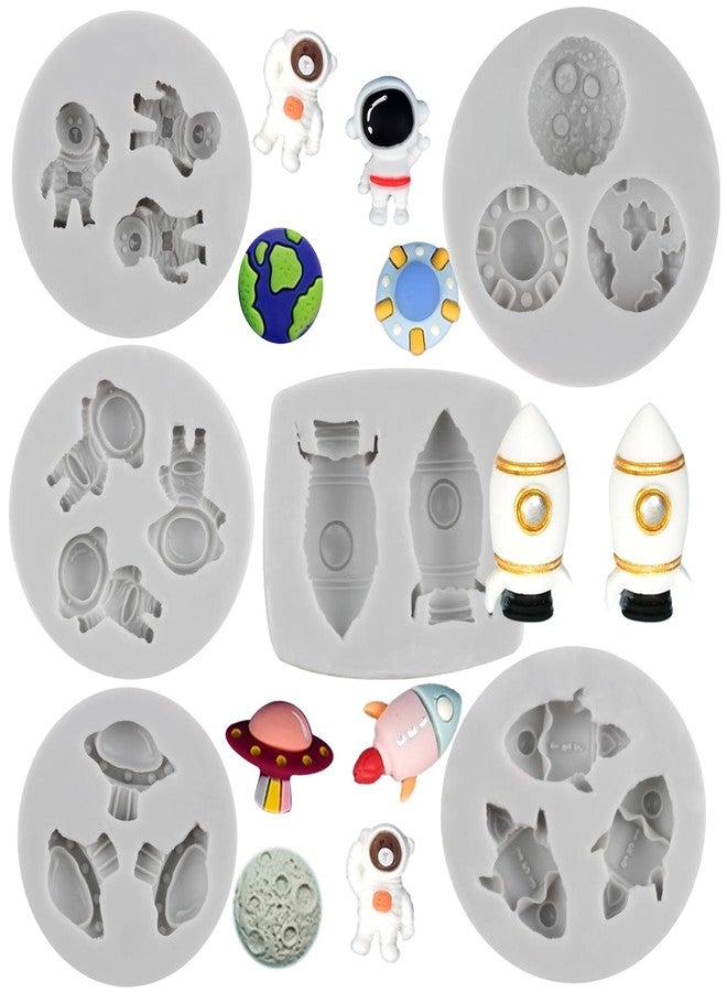 Sijiangmold Space Theme Mold Astronaut Silicone Molds Spaceship Planet Rocket Satellite Fondant Mold For Cupcake Topper Cake Decorating Chocolate Candy Polymer Clay Gum Paste Set Of 6 - Image 1