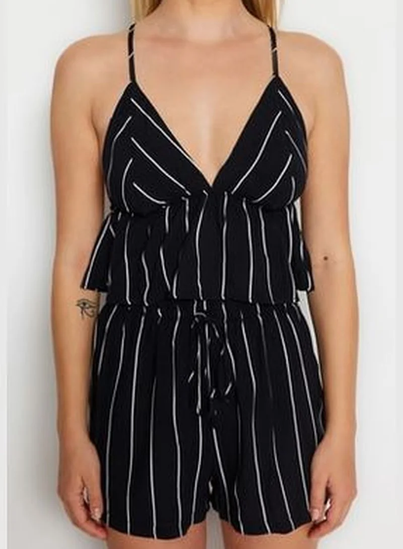 trendyol Black Striped Back Detailed Singlet-Shorts Woven Pajamas Set THMSS23PT00053