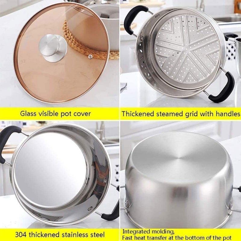 Grofly SS Boiler with LID Stock Pot and Steamer with Glass Lid Tier Steamer Steaming Pot with Handle and Lid Soup Pot Cooking Pot Dumplings Momo Steamer Steamer for Vegetables Cooking - Image 2
