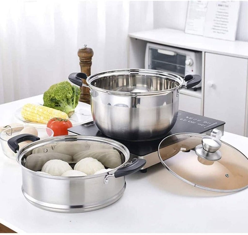 Grofly SS Boiler with LID Stock Pot and Steamer with Glass Lid Tier Steamer Steaming Pot with Handle and Lid Soup Pot Cooking Pot Dumplings Momo Steamer Steamer for Vegetables Cooking - Image 5