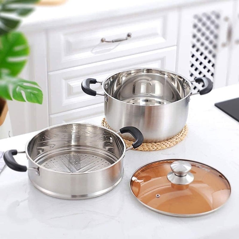 Grofly SS Boiler with LID Stock Pot and Steamer with Glass Lid Tier Steamer Steaming Pot with Handle and Lid Soup Pot Cooking Pot Dumplings Momo Steamer Steamer for Vegetables Cooking - Image 3