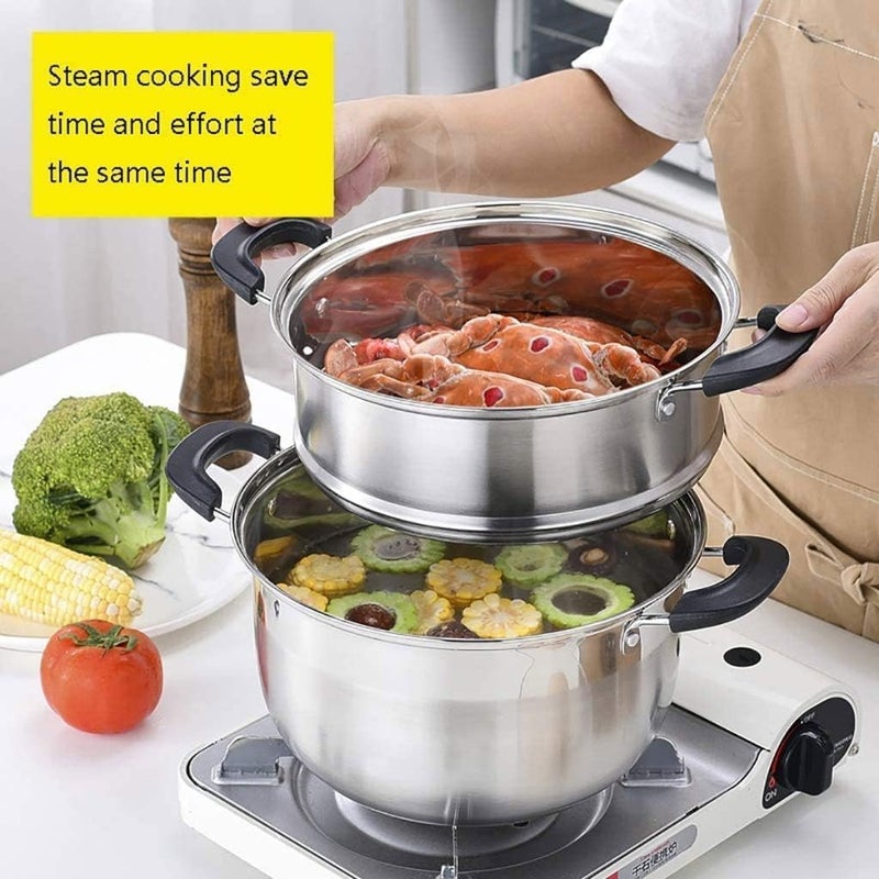 Grofly SS Boiler with LID Stock Pot and Steamer with Glass Lid Tier Steamer Steaming Pot with Handle and Lid Soup Pot Cooking Pot Dumplings Momo Steamer Steamer for Vegetables Cooking - Image 4