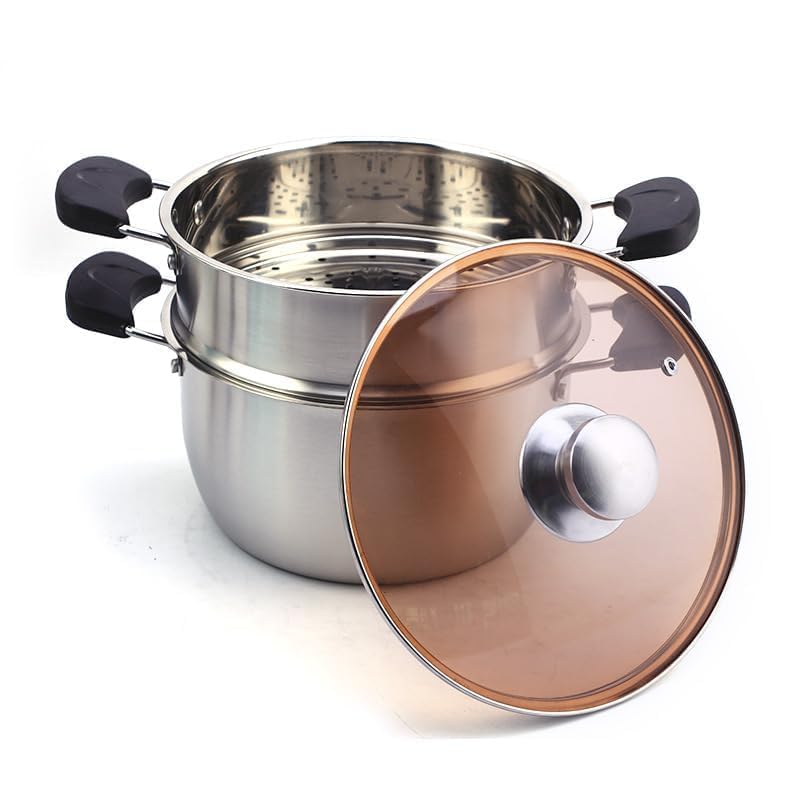 Grofly SS Boiler with LID Stock Pot and Steamer with Glass Lid Tier Steamer Steaming Pot with Handle and Lid Soup Pot Cooking Pot Dumplings Momo Steamer Steamer for Vegetables Cooking - Image 1