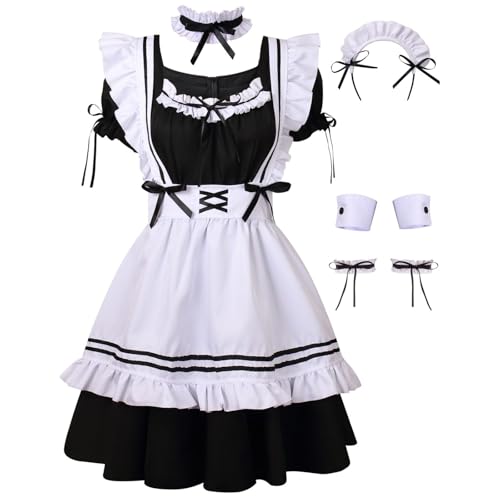 AGCOAH Anime Cosplay French Maid Costumes for Women Apron Fancy Dress 9PCS Set(L) - Image 1