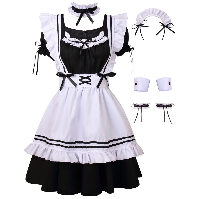 AGCOAH Anime Cosplay French Maid Costumes for Women Apron Fancy Dress 9PCS Set(L) - Image 3