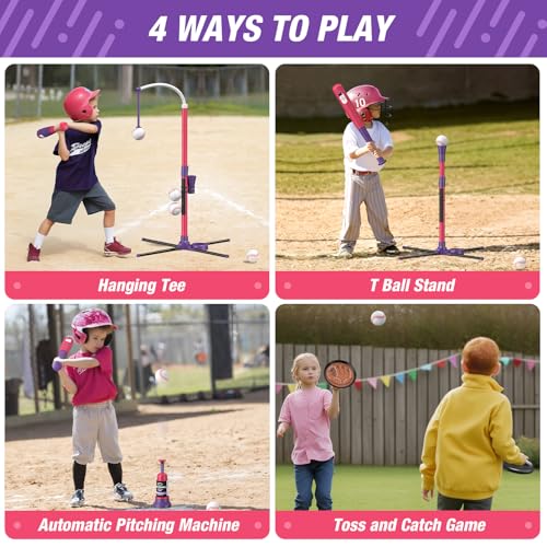 QDRAGON 4 in 1 Tball Set for Toddlers 35 with Toss and Catch Ball Set 2 Bats Hanging Tee Ball Stand with Auto Pitching Machine Indoor Outdoor Sport Toys Games Christmas Birthday Gifts for Girls - Image 5