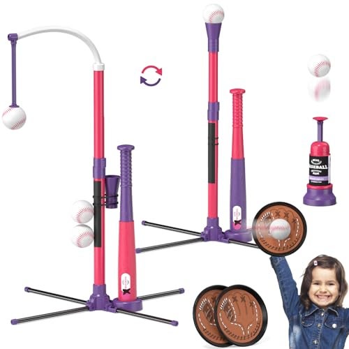 QDRAGON 4 in 1 Tball Set for Toddlers 35 with Toss and Catch Ball Set 2 Bats Hanging Tee Ball Stand with Auto Pitching Machine Indoor Outdoor Sport Toys Games Christmas Birthday Gifts for Girls - Image 1