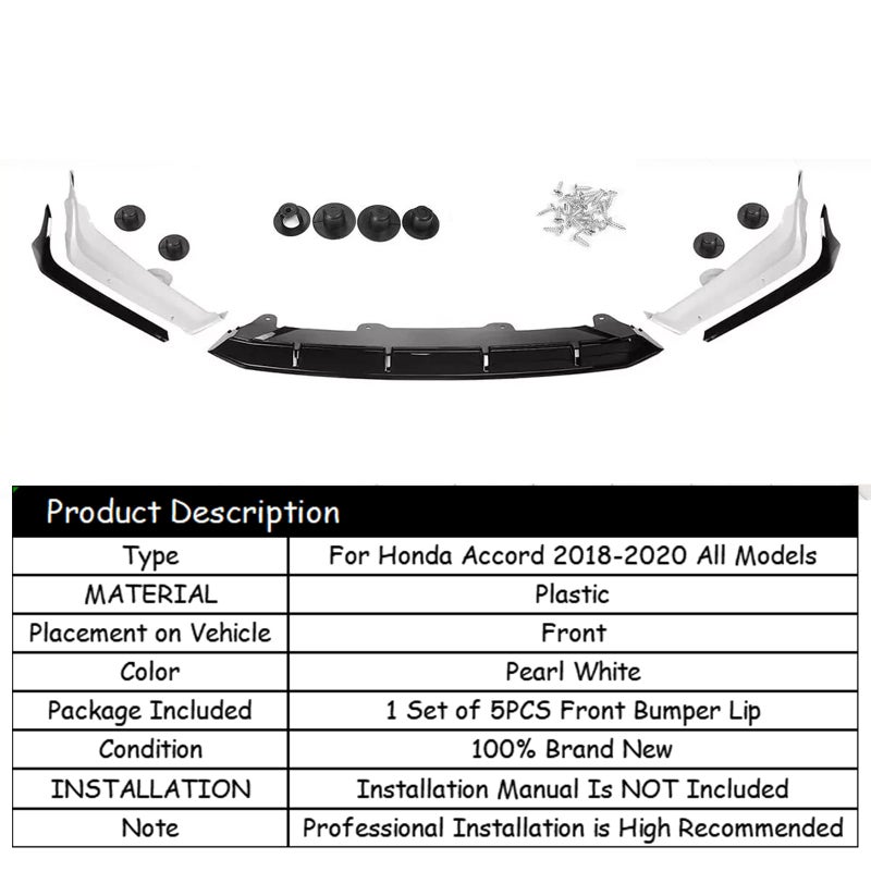 skkyoro Front Bumper Lip for Honda Accord 2018 2019 2020 ACR Style 5Pcs Lower Chin Bumper Spoiler Splitter Protection Body Kit (Pearl White+Black) - Image 4