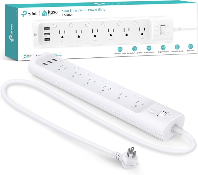 Kasa Smart موزع الطاقة Plug HS300، واقي من زيادة التيار مع 6 مآخذ ذكية يمكن التحكم بها بشكل فردي و 3 منافذ USB، يعمل مع Alexa و Google Home، لا حاجة إلى محور، أبيض - Image 1