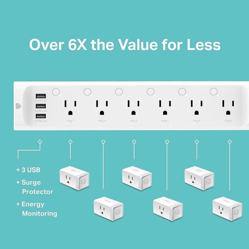 Kasa Smart موزع الطاقة Plug HS300، واقي من زيادة التيار مع 6 مآخذ ذكية يمكن التحكم بها بشكل فردي و 3 منافذ USB، يعمل مع Alexa و Google Home، لا حاجة إلى محور، أبيض - Image 3
