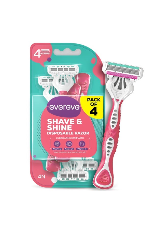 عشية أي وقت مضى ماكينة حلاقة شيف آند شاين 4 شفرات للاستعمال مرة واحدة للنساء، عبوة من 4 قطع، إزالة الشعر بسرعة وسهولة، خلاصة الصبار، زيت الأرغان وفيتامين هـ، رأس محوري، مقبض مطاطي مانع للانزلاق - Image 4