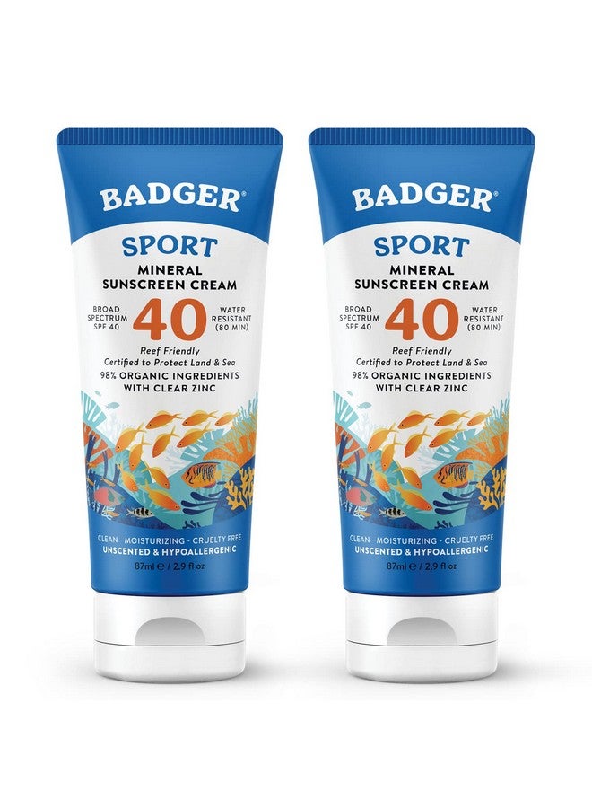 Badger Reef Safe Sunscreen, Spf 40 Sport Mineral Sunscreen, 98% Organic Sunscreen Ingredients, Broad Spectrum, Water Resistant, Zinc Oxide Sunscreen, Unscented, 2.9 Fl Oz (2 Pack) - Image 1