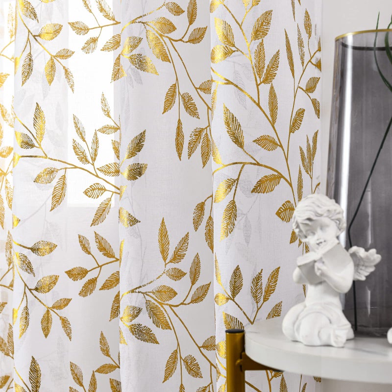 Deeprove Sheer Curtains 84 Inch Length 2 Panels Set, Gold Foil Metallic Leaves Print Window Treatments for Bedroom, Tropical Bronzing Privacy Semi Sheer Drapes Pair, Rod Pocket 52" W x 84" L, White - Image 4