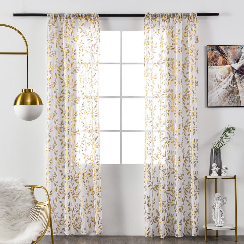 Deeprove Sheer Curtains 84 Inch Length 2 Panels Set, Gold Foil Metallic Leaves Print Window Treatments for Bedroom, Tropical Bronzing Privacy Semi Sheer Drapes Pair, Rod Pocket 52" W x 84" L, White - Image 5