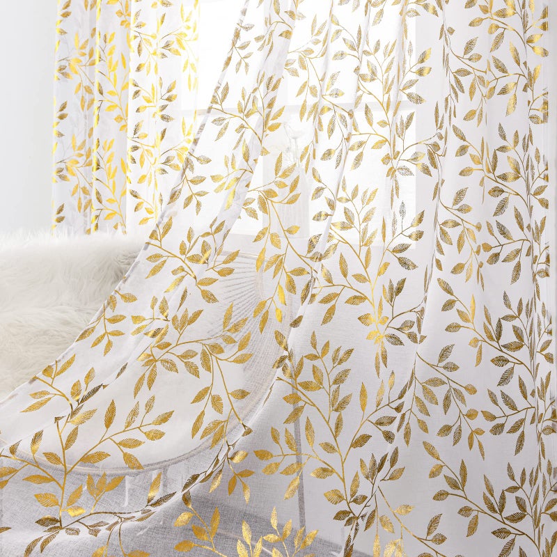 Deeprove Sheer Curtains 84 Inch Length 2 Panels Set, Gold Foil Metallic Leaves Print Window Treatments for Bedroom, Tropical Bronzing Privacy Semi Sheer Drapes Pair, Rod Pocket 52" W x 84" L, White - Image 1