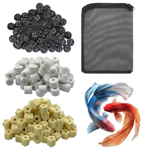 COLOURFUL - Aquarium Filter Media | Improved Water Quality & Healthy Fish Tanks | 10 Piece Bio Ball + 150g Yellow Flower Bacterial Ring + 150g White Ceramic Ring + Free 1 Net Bag (Combo-3) - Image 1