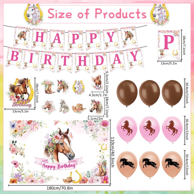 Rngmsi Horse Birthday Decorations Kit for Girls - 39PCS Horse Party Banners with Racing Horse Balloons Decoration Horse Backdrop Decor Horse Themed Cake Cupcake Toppers Party Supplies - Image 2