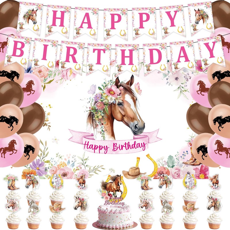 Rngmsi Horse Birthday Decorations Kit for Girls - 39PCS Horse Party Banners with Racing Horse Balloons Decoration Horse Backdrop Decor Horse Themed Cake Cupcake Toppers Party Supplies - Image 1