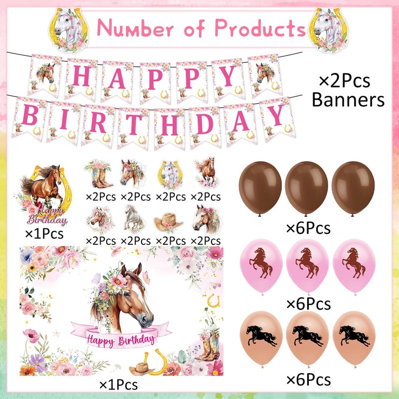Rngmsi Horse Birthday Decorations Kit for Girls - 39PCS Horse Party Banners with Racing Horse Balloons Decoration Horse Backdrop Decor Horse Themed Cake Cupcake Toppers Party Supplies - Image 3
