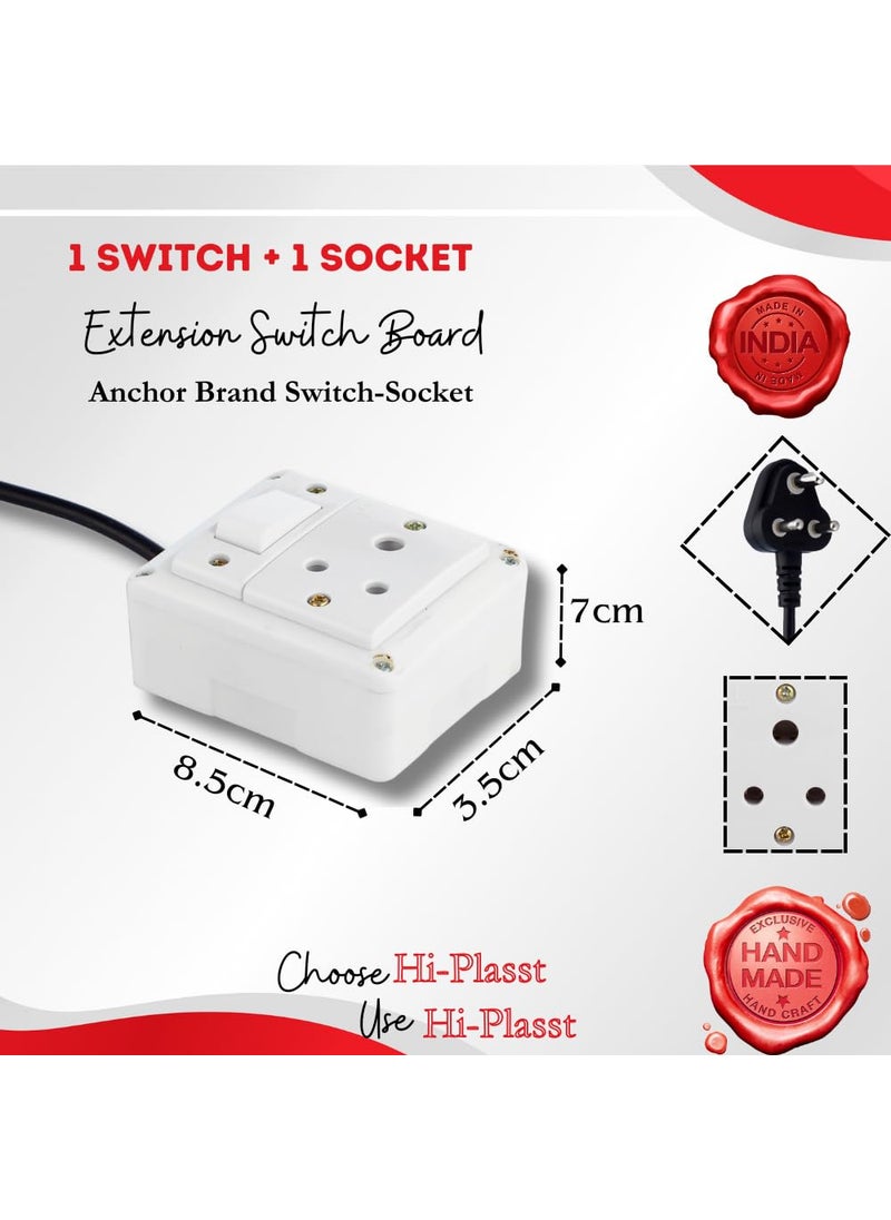 HI PLASST PINS N PLUGS HiPlasst 3pin Extension Board for Home Wall 11 with Long Cable 4 Yard Cord and 6 amps Plug Top Anchor Assembled Electrical Switch Box Bijli Board 6A230V  - Image 3
