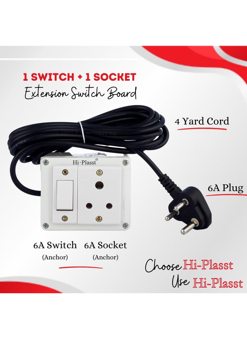HI PLASST PINS N PLUGS HiPlasst 3pin Extension Board for Home Wall 11 with Long Cable 4 Yard Cord and 6 amps Plug Top Anchor Assembled Electrical Switch Box Bijli Board 6A230V  - Image 2