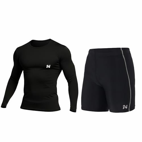 NINQ Men Polyester Spandex Men's Sports Running Set Compression Shirt + Pants Skin-Tight Long Sleeves Quick Dry Fitness Tracksuit Gym Yoga Suits (BLACK2, S) - Image 1