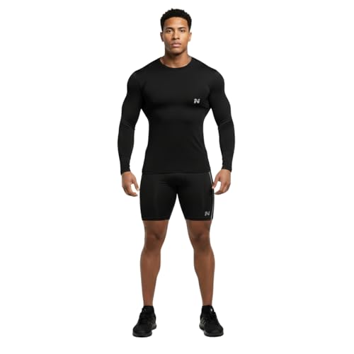 NINQ Men Polyester Spandex Men's Sports Running Set Compression Shirt + Pants Skin-Tight Long Sleeves Quick Dry Fitness Tracksuit Gym Yoga Suits (BLACK2, S) - Image 2
