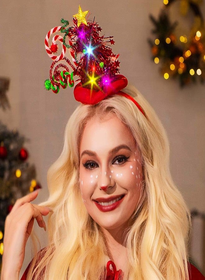 Zoestar Light Up Christmas Tree Hat Headband Xmas Glow Party Hair Accessories for Women (Red) - Image 2