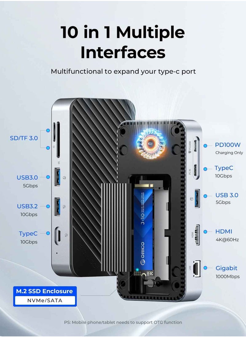 USB C Hub, 10 In 1 USB C Docking Station With Cooling Fan, Lightweight SSD Enclosure External USB Hub, Compact And Durable Multiple Ports USB Docking Station, (1pc, Grey)