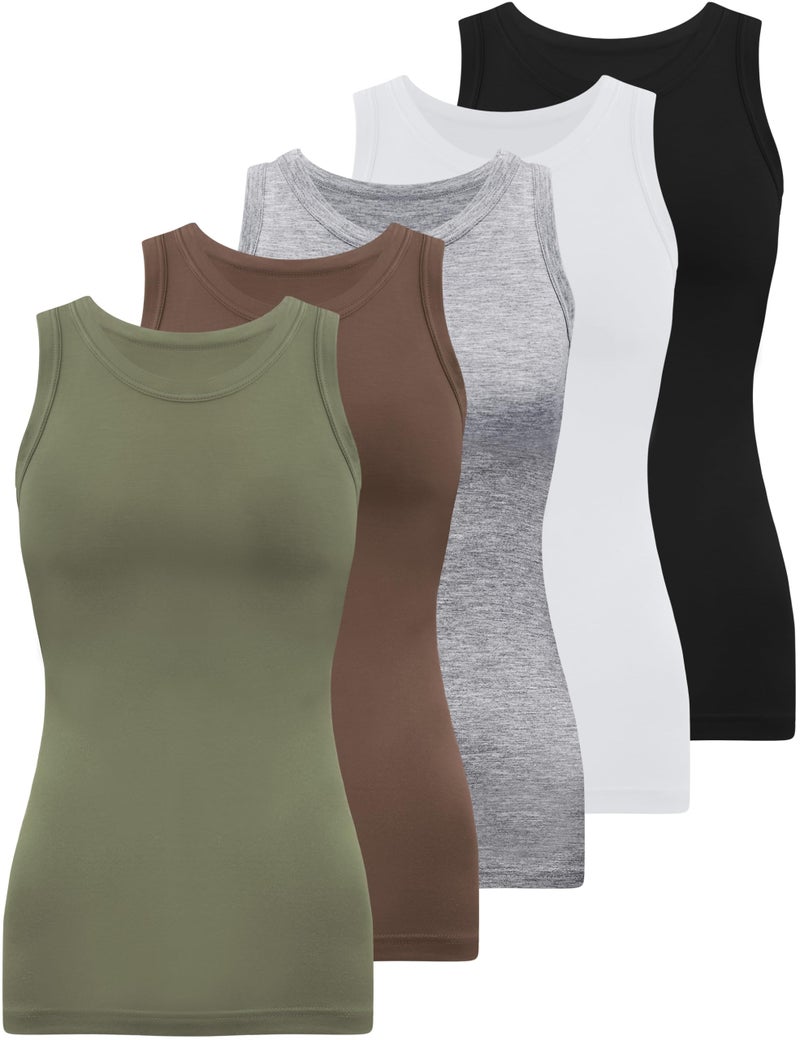 BQTQ 5 Pack Womens Crewneck Tank Tops High Neck Sleeveless Tanks Slim Fit Basic Ladies Undershirts, Black, Gray, White, Coffee, Army Green, XXL - Image 1