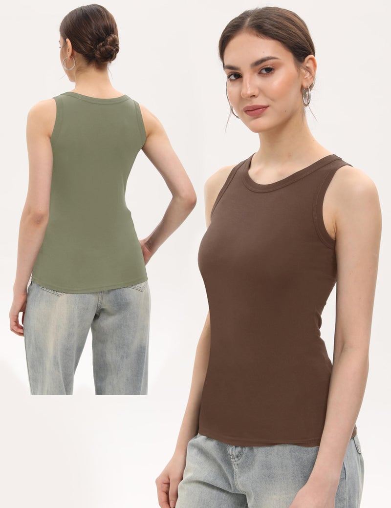 BQTQ 5 Pack Womens Crewneck Tank Tops High Neck Sleeveless Tanks Slim Fit Basic Ladies Undershirts, Black, Gray, White, Coffee, Army Green, XXL - Image 4