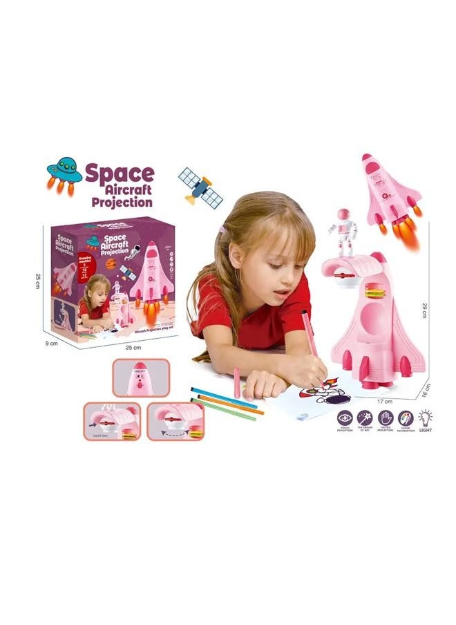 Kids projector in the shape of a space plane with 12 colored pencils and 18 patterns to trace