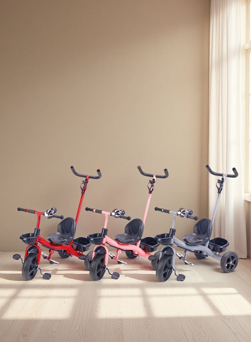 Storage Basket & Parental Push Handle Kids Tricycle Baby Ride-On Bicycle Toy Color Options: Grey, Red, Pink - Image 4