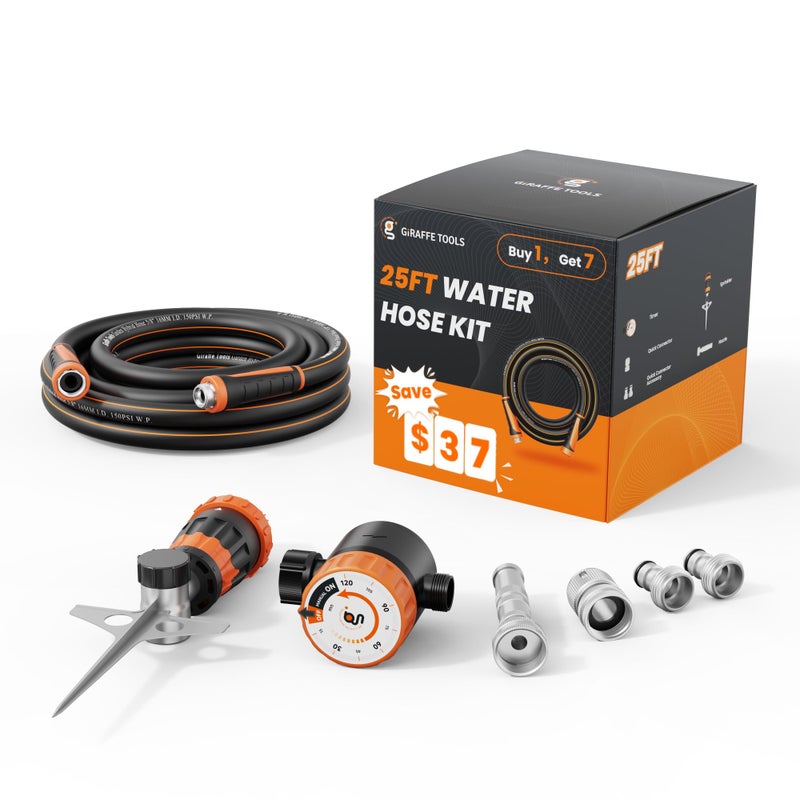 Giraffe Tools Garden Hose 58 Water Hose Heavy Duty Flexible Lightweight Hybrid Hose with Swivel Handle with Water Timer Nozzle and Yard Sprinkler 25ft Male to Female Fittings Burst 600 PSI - Image 2