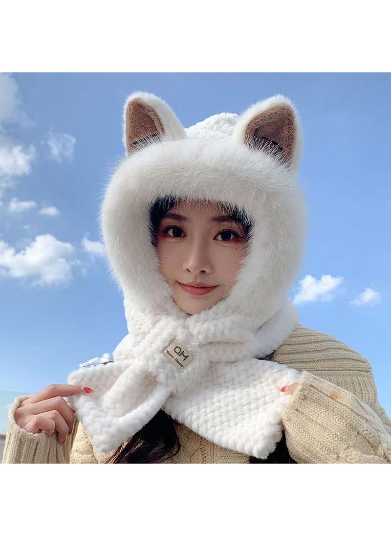 Generic - Winter Fleece Fox Ear Hat Scarf Set for WomenWhite White - Image 1