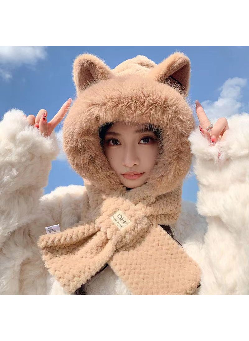 Generic - Winter Fleece Fox Ear Hat Scarf Set for WomenWhite White - Image 1