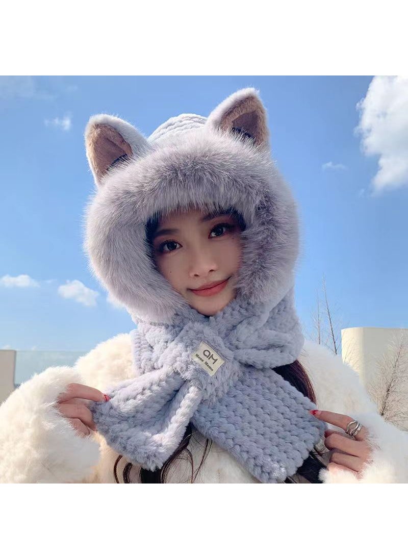 Generic - Winter Fleece Fox Ear Hat Scarf Set for WomenWhite White - Image 1