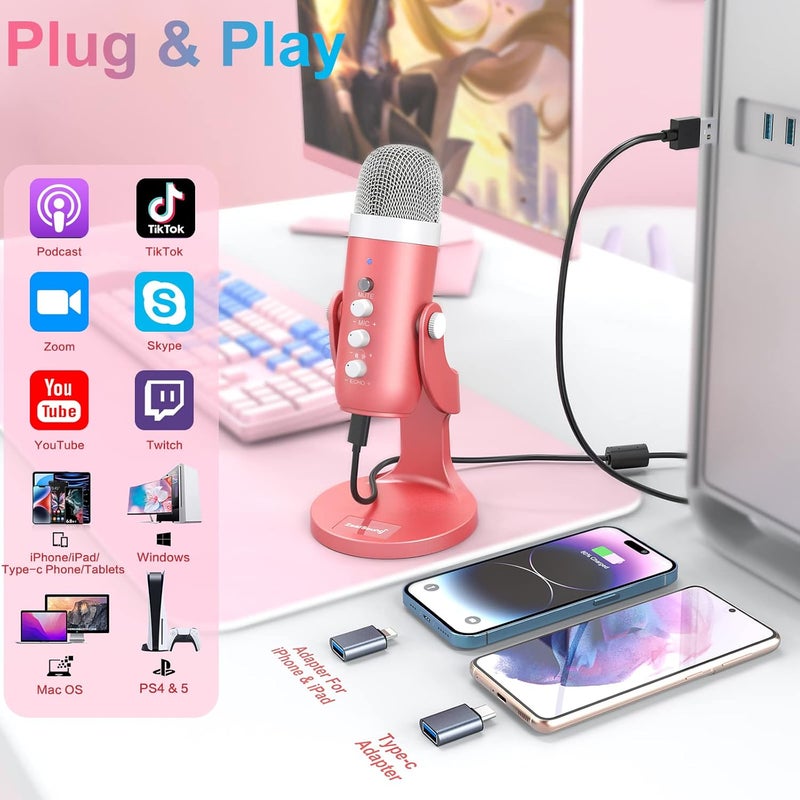 ميكروفون ألعاب ZealSound USB، ميكروفون وردي مع كتم صوت سريع للهاتف والكمبيوتر الشخصي وPS5، ميكروفون استوديو مع التحكم في الكسب، وضبط الصدى وحجم المراقبة للبث المباشر وتسجيل الصوت ASMR والبودكاست والفيديو K66 - Image 2