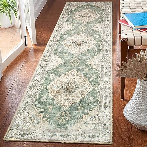 MUJOO Hallway Runner Rug 2x8 Green Long Rug Runners Boho Machine Washable Non Slip Carpet for Entryway Kitchen Bathroom Bedside Retro Soft LowPile Blossom