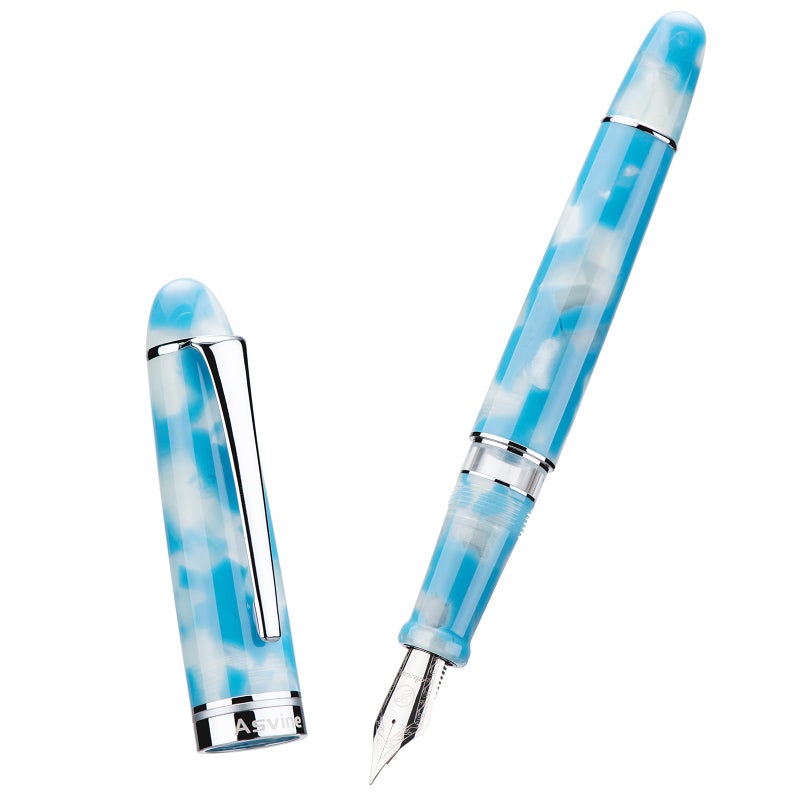 Asvine P50 Piston Fountain Pen Sky Blue Resin, Medium Nib Silver Trim Smooth Writer Collection with Pen Case Gift Set - Image 3